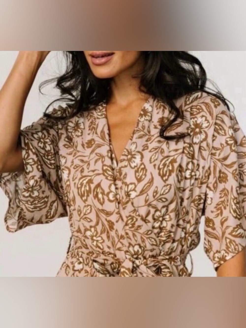 New Baltic Born Connor Romper Taupe Floral Short Sleeves Belted Pockets Small - Picture 3 of 11